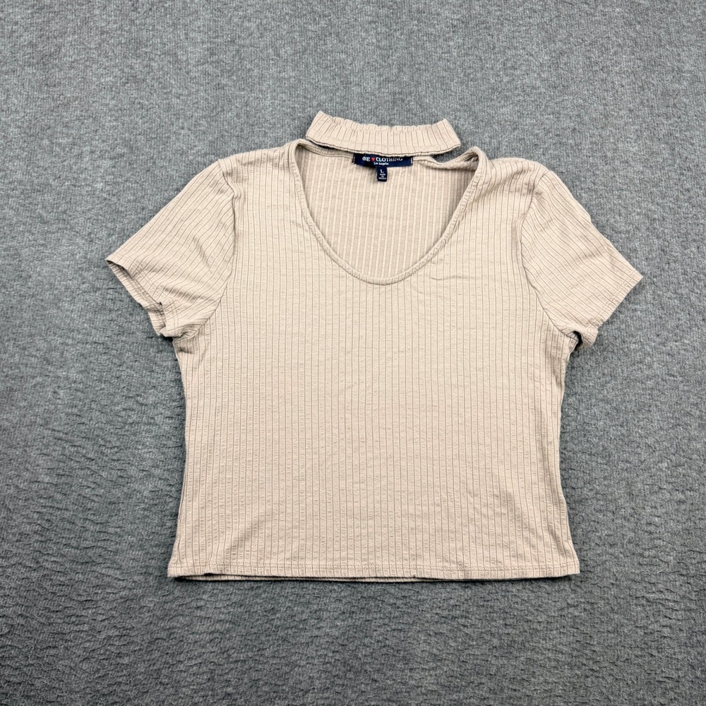One Clothing Tan L Large Ribbed Choker Neck Short Sleeve Top CT6941-Q141